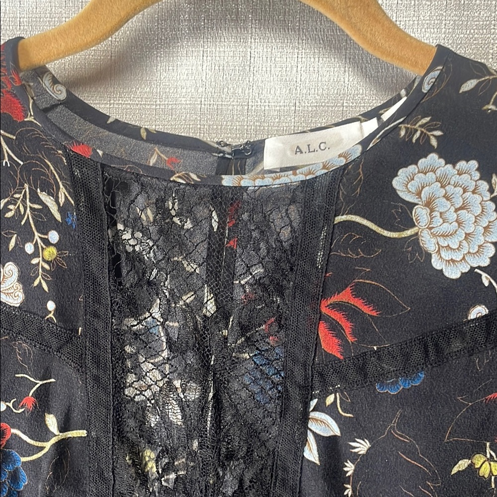 A.L.C. Black Floral Lace Short Sleeve Blouse